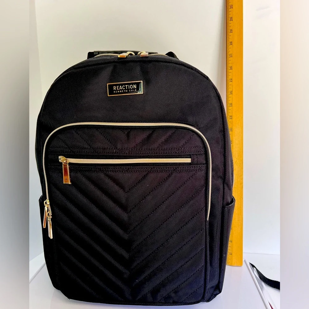 Dark Black Quilted Chevron Backpack with Gold Accents by Kenneth Cole Reaction.